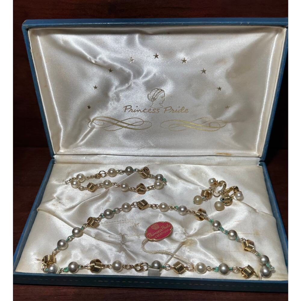 PRINCESS PRIDE Vintage Rhinestone Necklace & Earrings in Original Gift Box